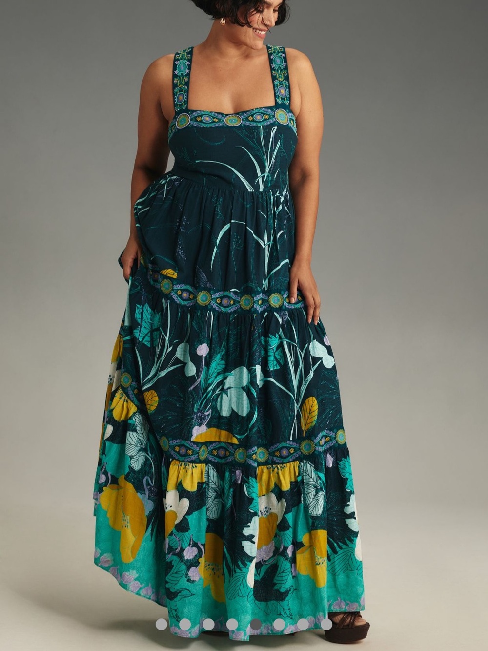 Teal Botanical Maxi Dress with Floral Border